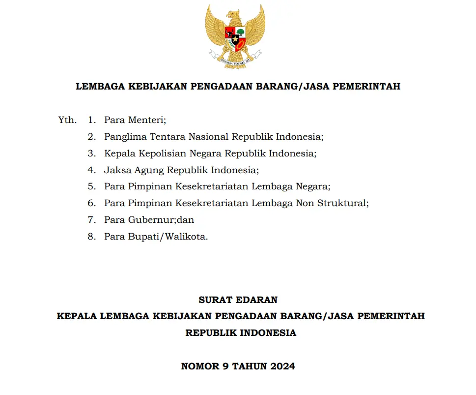 Surat Edaran Kepala Lembaga Kebijakan Pengadaan Barang/Jasa Pemerintah Nomor 9 Tahun 2024 tentang Implementasi Katalog Elektronik Versi 6