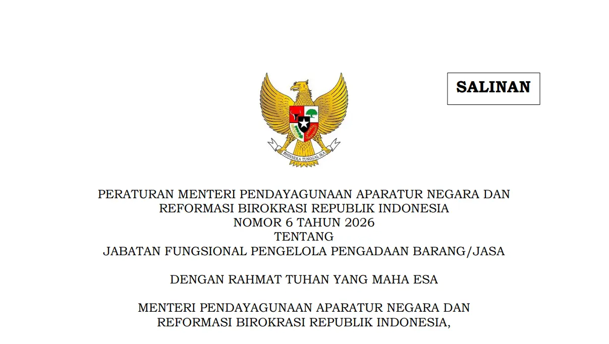 Peraturan Menteri Pendayagunaan Aparatur Negara dan Reformasi Birokrasi Nomor 6 Tahun 2026 tentang Jabatan Fungsional Pengelola Pengadaan Barang/Jasa