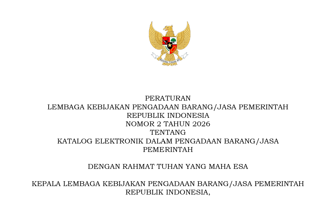 Peraturan LKPP Nomor 2 Tahun 2026 tentang Katalog Elektronik dalam Pengadaan Barang/Jasa Pemerintah